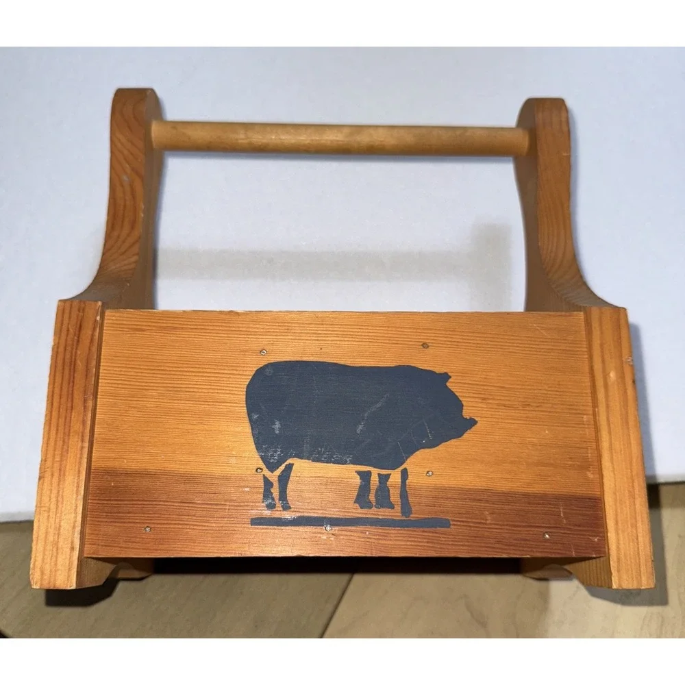 Vtg Silverware Utensil Napkin Holder Caddy Solid Wood‎ With A Pig